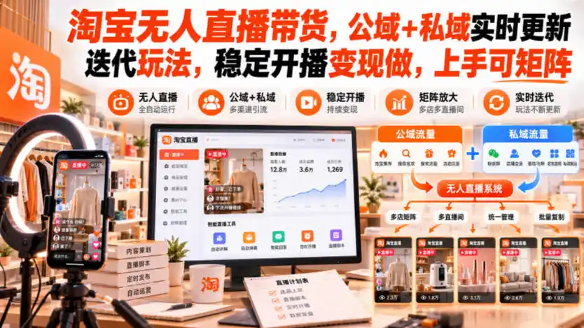 淘宝无人直播带货，公域+私域实时更新迭代玩法，稳定开播变现做，上手可矩阵【揭秘】-百盟网