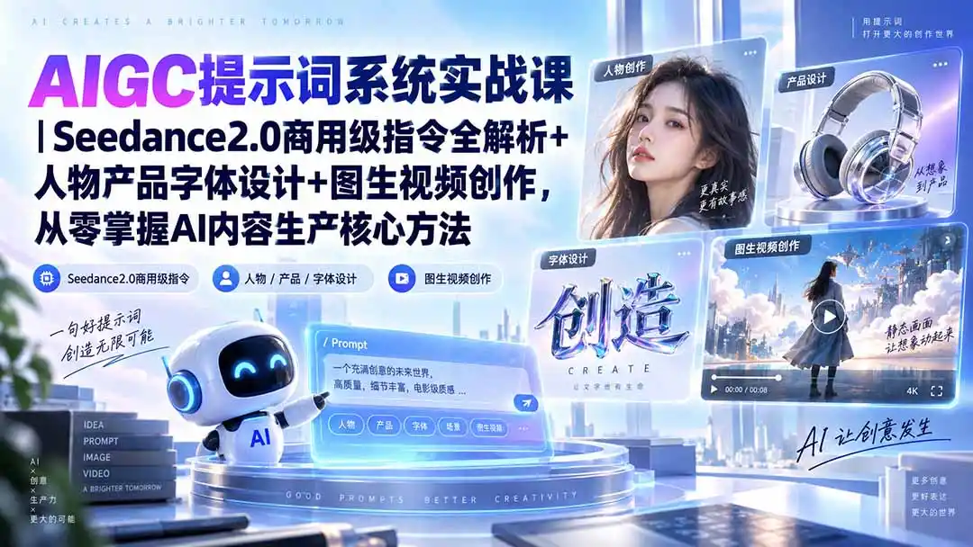 AIGC提示词系统实战课-无水印｜Seedance2.0商用级指令全解析+人物产品字体设计+图生视频创作，掌握AI内容生产方法-百盟网