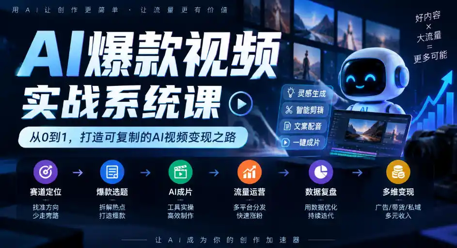AI爆款视频实战系统课｜赛道定位、爆款选题、AI成片、流量运营、数据复盘、多维变现全链路教学-百盟网