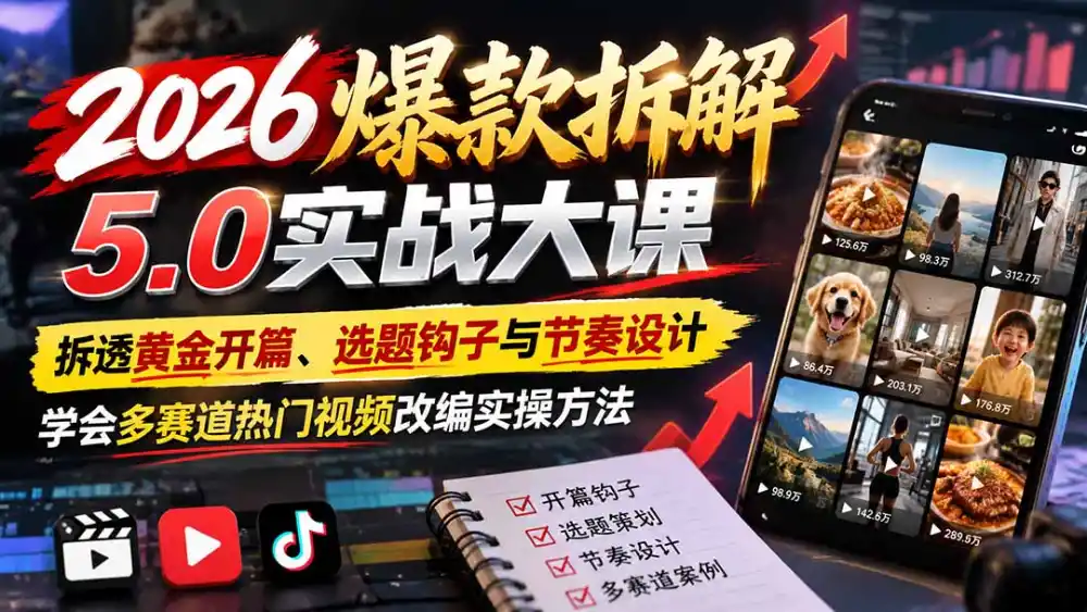2026爆款拆解5.0实战大课:拆透黄金开篇、选题钩子与节奏设计,学会多赛道热门视频改编实操方法 2026爆款拆解5.0实战大课:拆透黄金开篇、选题钩子与节奏设计,学会多赛道热门视频改编实操方法