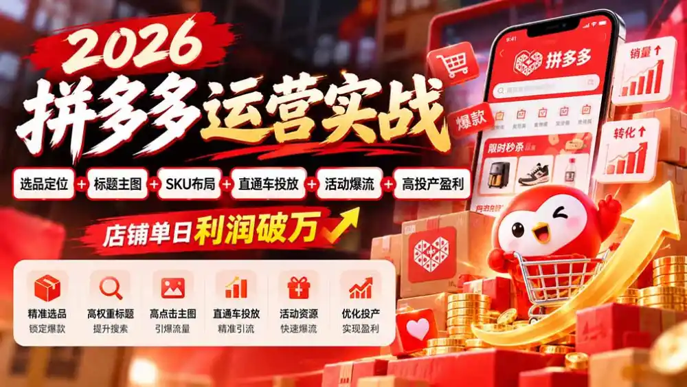 2026拼多多运营实战-更新1002：选品定位+标题主图+SKU布局+直通车投放+活动爆流+高投产盈利 店铺单日利润破万-百盟网