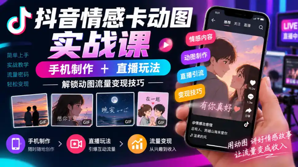 抖音情感卡动图实战课｜手机制作+直播玩法，解锁动图流量变现技巧-百盟网