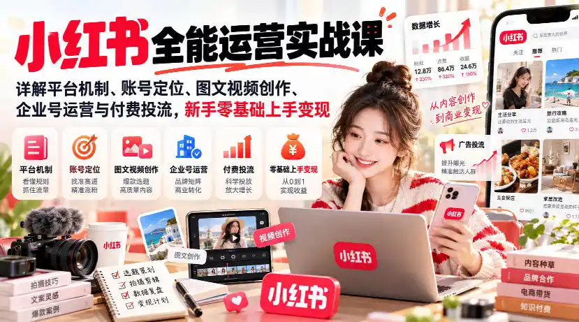 小红书全能运营实战课，详解平台机制、账号定位、图文视频创作、企业号运营与付费投流，新手零基础上手变现-百盟网