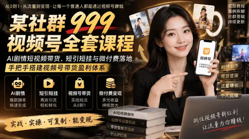 某社群999视频号全套课程,AI剧情短视频带货、短引短挂与微付费落地,手把手搭建视频号带货盈利体系 某社群999视频号全套课程,AI剧情短视频带货、短引短挂与微付费落地,手把手搭建视频号带货盈利体系