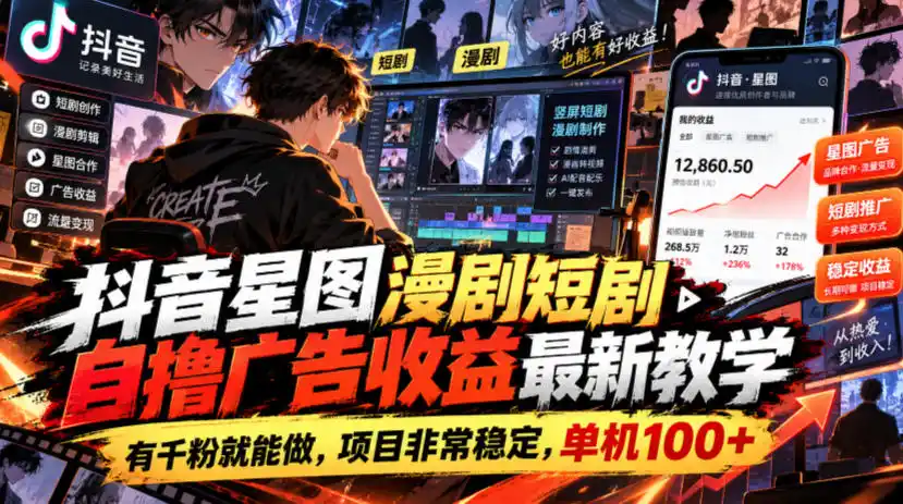 抖音星图漫剧短剧自撸广告收益最新教学,有千粉就能做,项目非常稳定,单机100+-百盟网