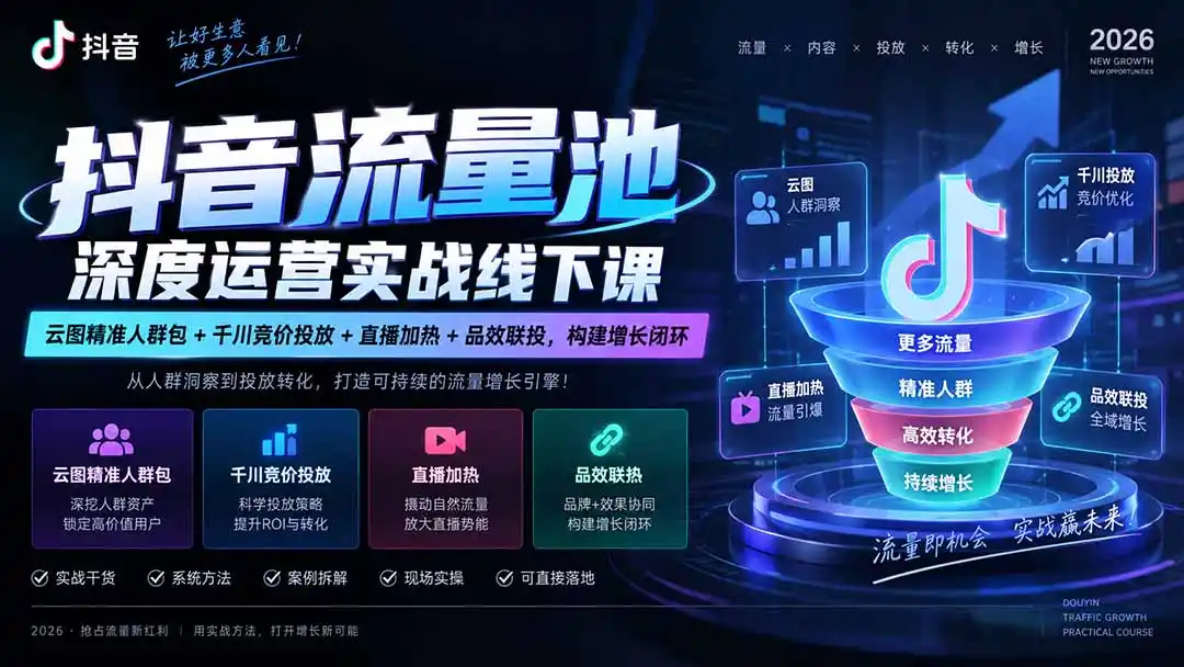 抖音流量池深度运营实战线下课|云图精准人群包+千川竞价投放+直播加热+品效联投,构建增长闭环 抖音流量池深度运营实战线下课|云图精准人群包+千川竞价投放+直播加热+品效联投,构建增长闭环