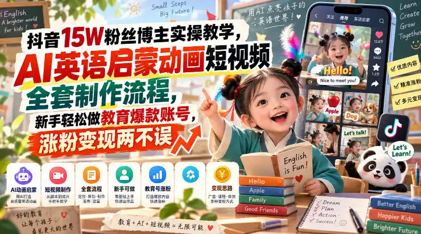 抖音15W粉丝博主实操教学,AI英语启蒙动画短视频全套制作流程,新手轻松做教育爆款账号,涨粉变现两不误-百盟网