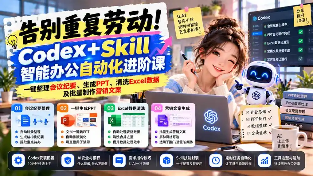 告别重复劳动！Codex+Skill智能办公自动化进阶课：一键整理会议纪要、生成PPT、清洗Excel数据及批量制作营销文案-百盟网
