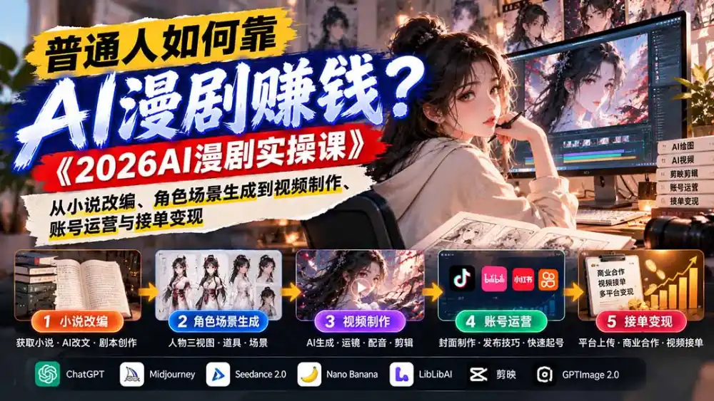 普通人如何靠AI漫剧赚钱?《2026AI漫剧实操课》从小说改编、角色场景生成到视频制作、账号运营与接单变现-百盟网