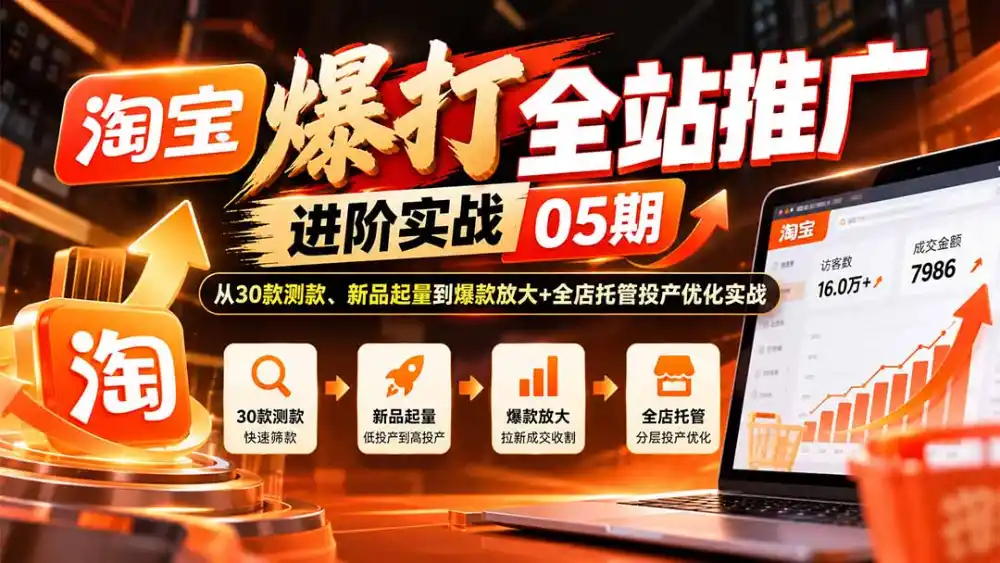 淘宝爆打全站推广进阶实战05期：从30款测款、新品起量到爆款放大+全店托管投产优化实战-百盟网