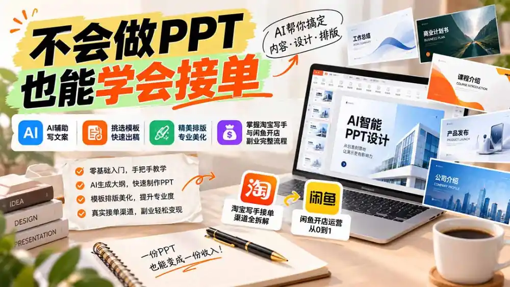 不会做PPT也能学会接单：AI辅助写文案、挑模板、做排版，掌握淘宝写手与闲鱼开店副业完整流程-百盟网