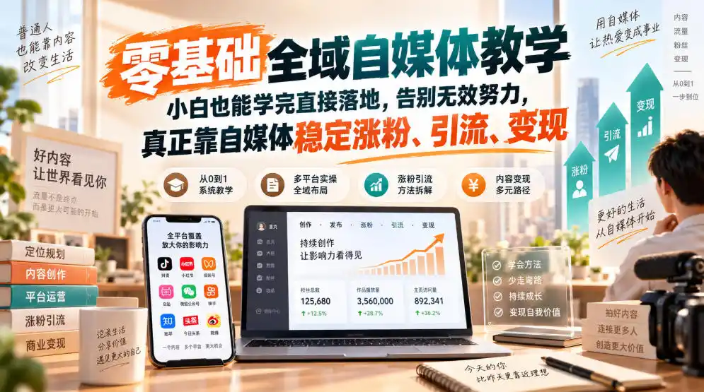 零基础全域自媒体教学,小白也能学完直接落地,告别无效努力,真正靠自媒体稳定涨粉、引流、变现-百盟网