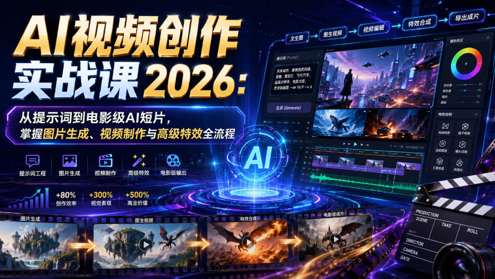 AI视频创作实战课2026：从提示词到电影级AI短片，掌握图片生成、视频制作与高级特效全流程-百盟网