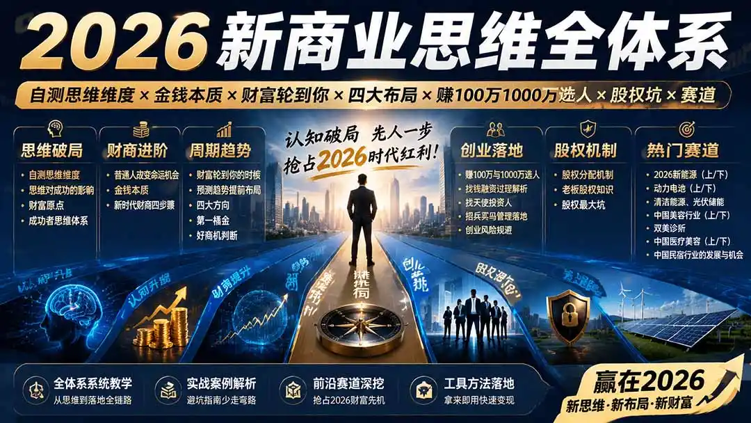 2026新商业思维全体系：自测思维维度×金钱本质×财富轮到你×四大布局×赚100万1000万选人×股权坑×赛道-百盟网