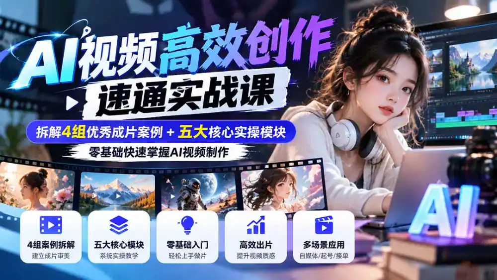 【无水印】AI视频高效创作速通实战课：拆解4组优秀成片案例+五大核心实操模块，零基础快速掌握AI视频制作-百盟网