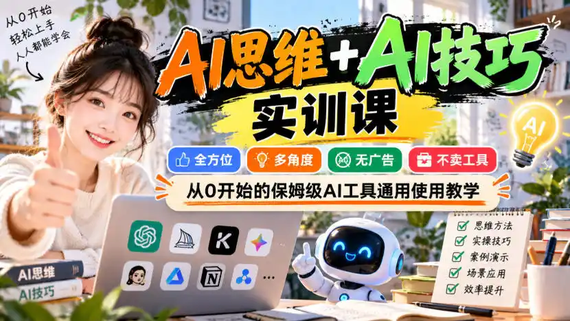 【无水印】AI思维+AI技巧实训课，全方位、多角度、无广告、不卖工具，从0开始的保姆级AI工具通用使用教学-百盟网