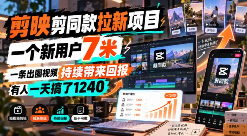 剪映剪同款拉新项目,一个新用户7米,一条出圈视频持续带来回报,有人一天搞了1240-百盟网