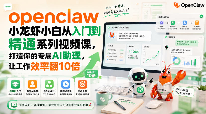 openclaw小龙虾小白从入门到精通系列视频课,打造你的专属AI助理,让工作效率翻10倍-百盟网