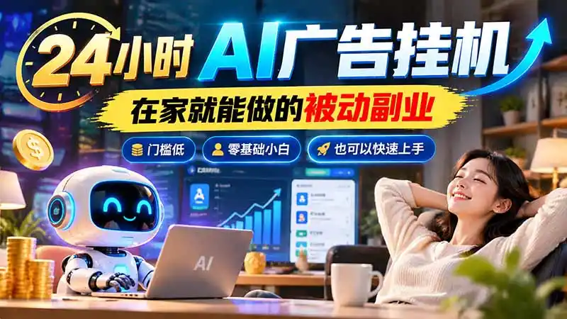 24小时AI广告挂机｜在家就能做的被动副业，门槛低，零基础小白也可以快速上手-百盟网