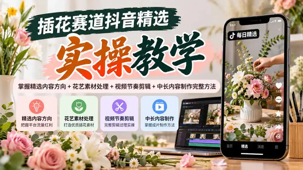 插花赛道抖音精选实操教学：掌握精选内容方向+花艺素材处理+视频节奏剪辑+中长内容制作完整方法-百盟网
