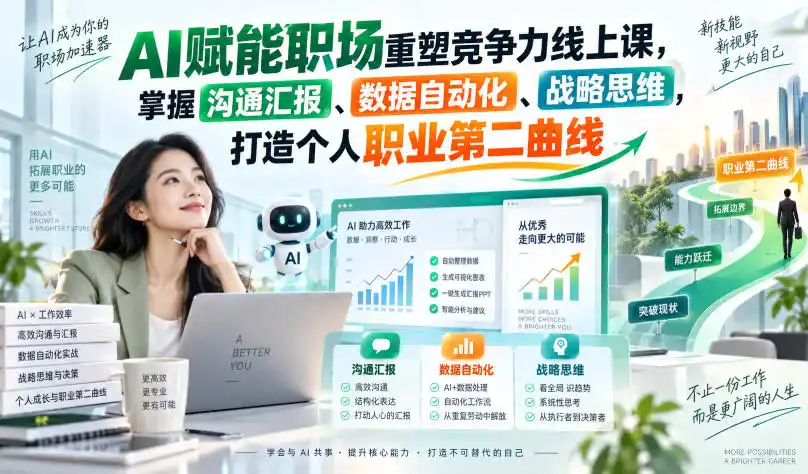 AI赋能职场重塑竞争力线上课,掌握沟通汇报、数据自动化、战略思维,打造个人职业第二曲线 AI赋能职场重塑竞争力线上课,掌握沟通汇报、数据自动化、战略思维,打造个人职业第二曲线