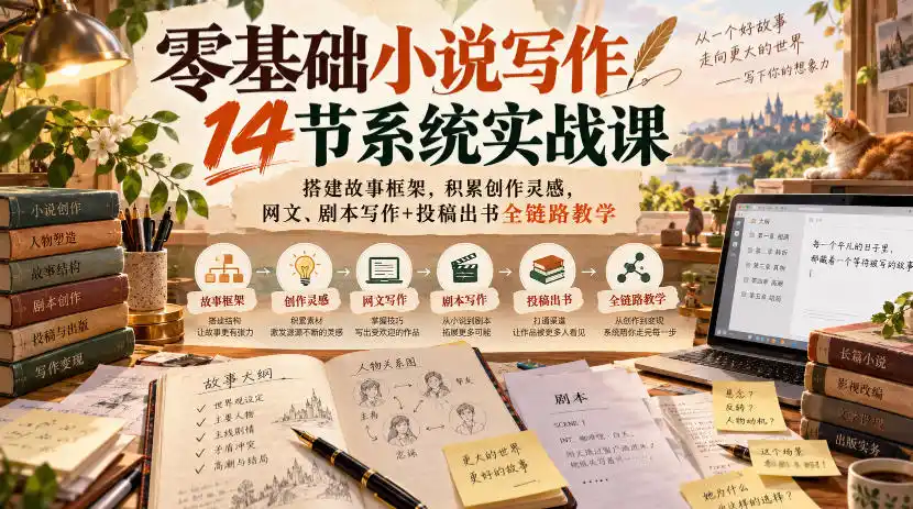 零基础小说写作14节系统实战课，搭建故事框架，积累创作灵感，网文、剧本写作+投稿出书全链路教学-百盟网