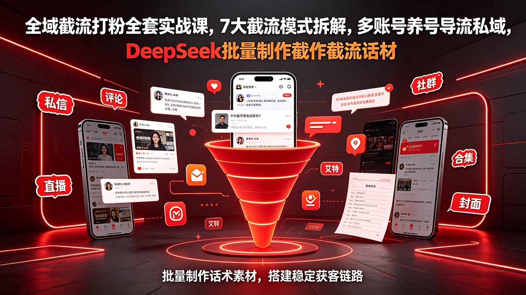 全域截流打粉全套实战课,7大截流模式拆解,多账号养号导流私域,DeepSeek批量制作截流话术素材-百盟网