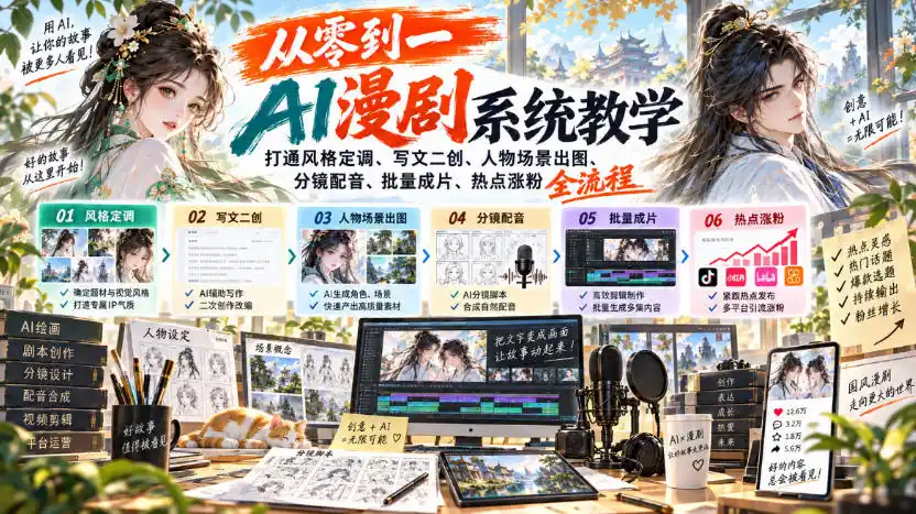 从零到一AI漫剧系统教学，打通风格定调、写文二创、人物场景出图、分镜配音、批量成片、热点涨粉全流程-百盟网