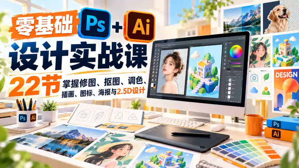 【无水印】零基础PS+AI设计实战课｜22节掌握修图、抠图、调色、插画、图标、海报与2.5D设计-百盟网