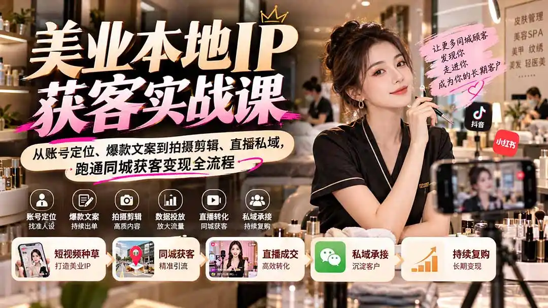 【无水印】美业本地IP获客实战课：从账号定位、爆款文案到拍摄剪辑、直播私域，跑通同城获客变现全流程-百盟网