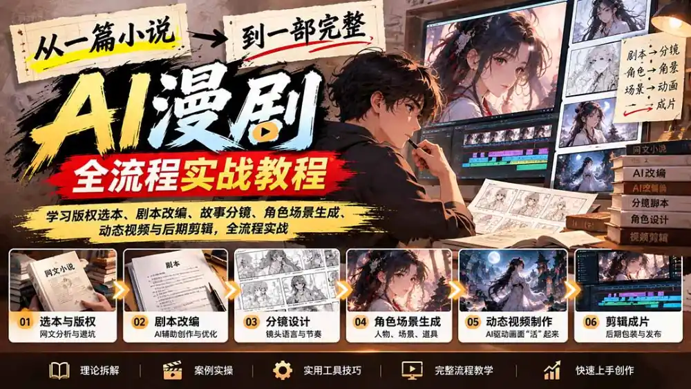 从一篇小说到一部完整AI漫剧：学习版权选本、剧本改编、故事分镜、角色场景生成、动态视频与后期剪辑-百盟网