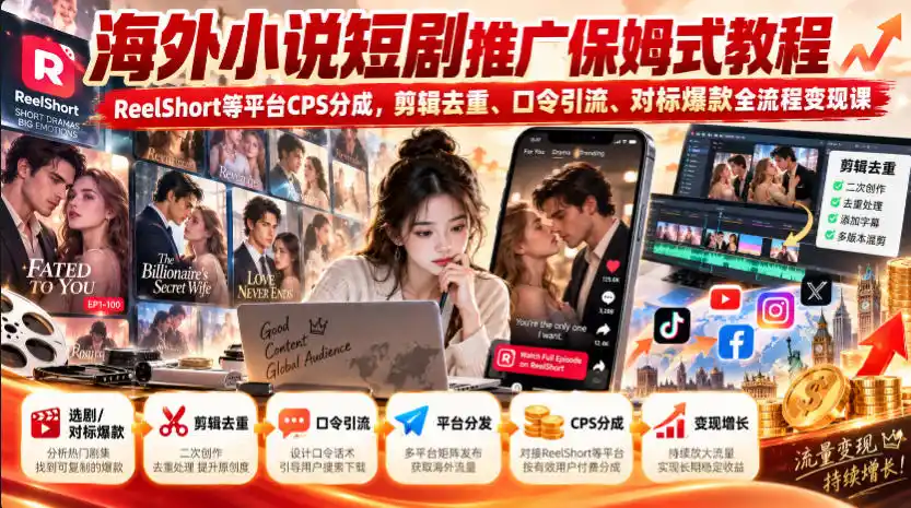 海外小说短剧推广保姆式教程|ReelShort等平台CPS分成,剪辑去重、口令引流、对标爆款全流程变现课 海外小说短剧推广保姆式教程|ReelShort等平台CPS分成,剪辑去重、口令引流、对标爆款全流程变现课