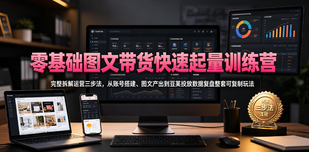 零基础图文带货快速起量训练营,完整拆解运营三步法,从账号搭建、图文产出到豆荚投放数据复盘整套可复制玩法-百盟网