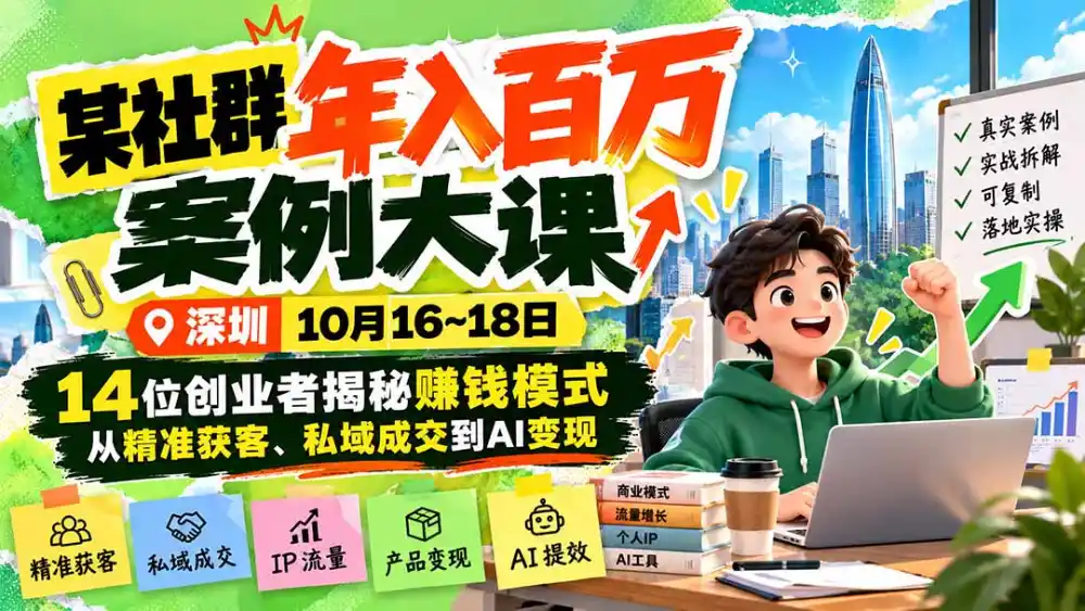 某社群年入百万案例大课-深圳10月16~18日：14位创业者揭秘赚钱模式，从精准获客、私域成交到AI变现-百盟网