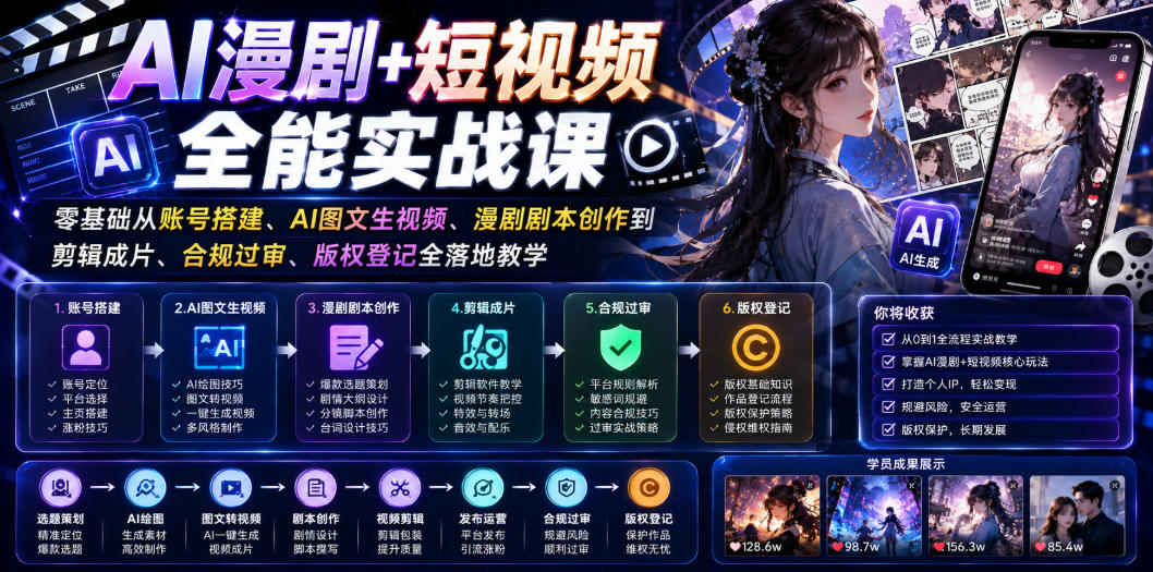 AI漫剧+短视频全能实战课|零基础从账号搭建、AI图文生视频、漫剧剧本创作到剪辑成片、合规过审、版权登记全落地教学-百盟网