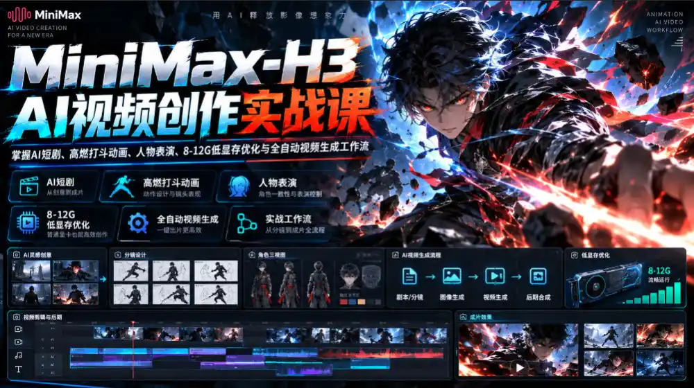 MiniMax-H3 AI视频创作实战课，掌握AI短剧、高燃打斗动画、人物表演、8-12G低显存优化与全自动视频生成工作流-百盟网