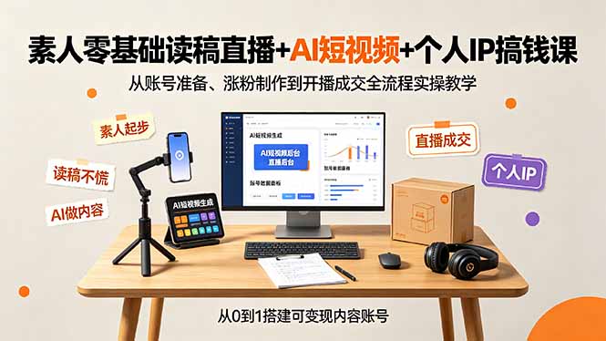素人零基础读稿直播+AI短视频+个人IP搞钱课,从账号准备、涨粉制作到开播成交全流程实操教学-百盟网