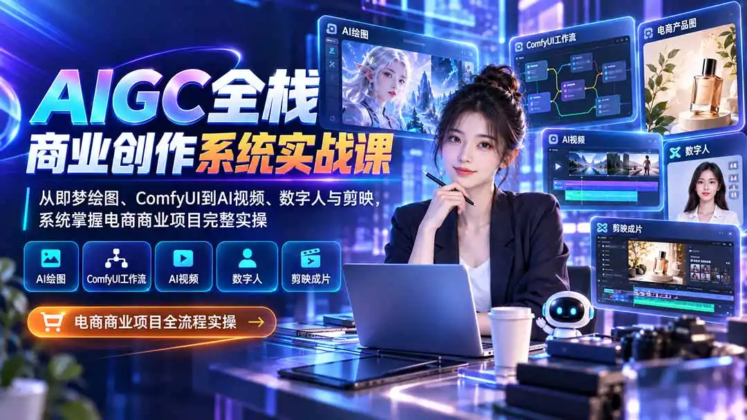 AIGC全栈商业创作系统实战课-无水印：从即梦绘图、ComfyUI到AI视频、数字人与剪映，系统掌握电商商业项目完整实操-百盟网