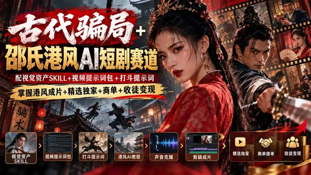 古代骗局+邵氏港风AI短剧赛道：配视觉资产SKILL+视频提示词包+打斗提示词，掌握港风成片+精选独家+商单+收徒变现-百盟网