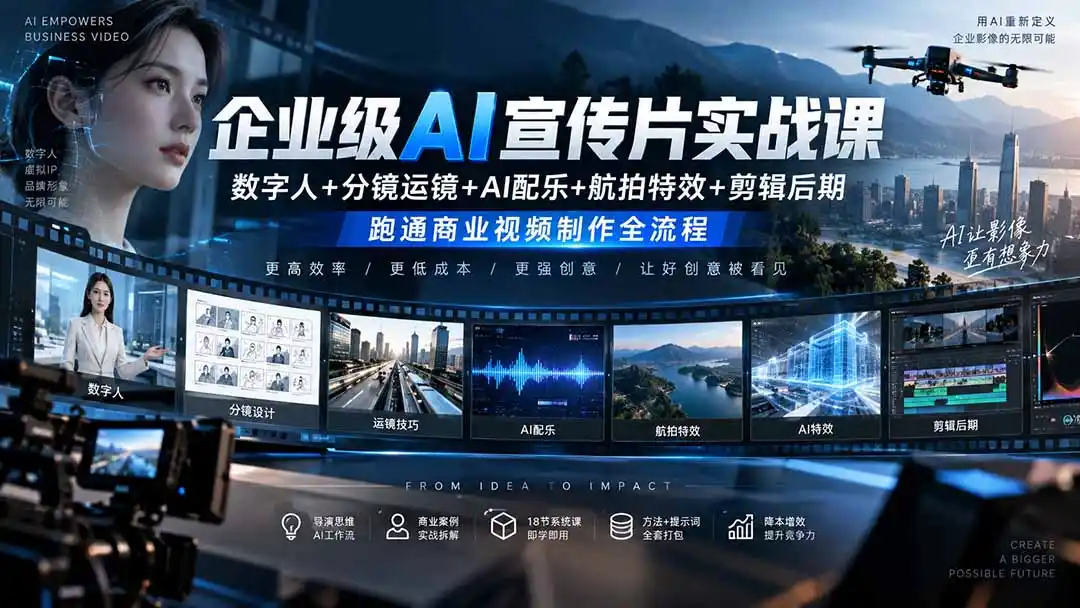 企业级AI宣传片实战课｜数字人+分镜运镜+AI配乐+航拍特效+剪辑后期，跑通商业视频制作全流程-百盟网