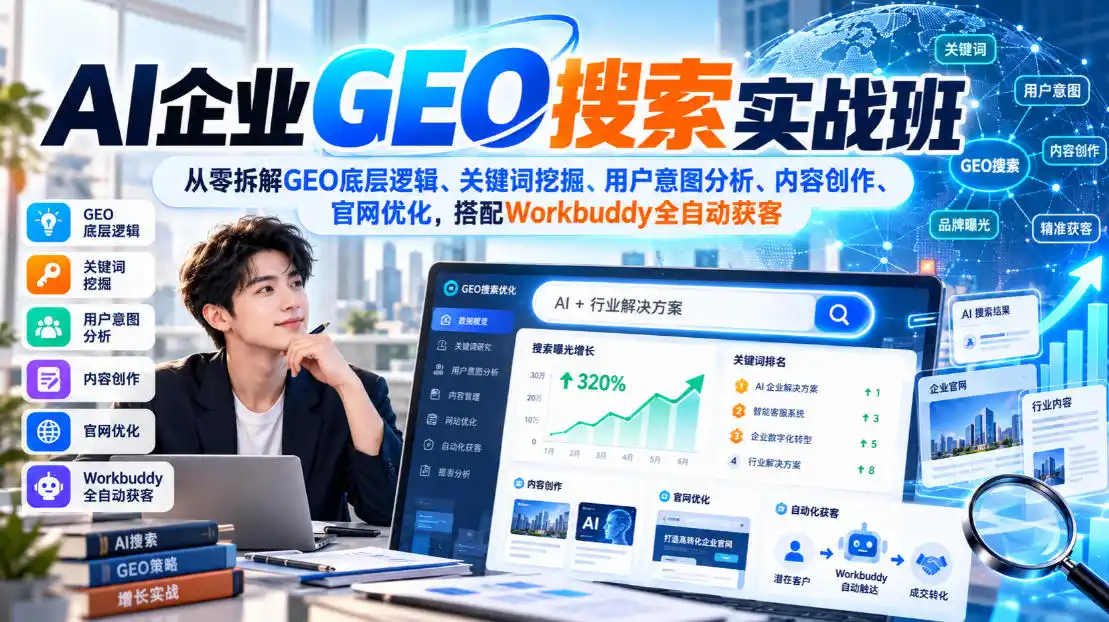 AI企业GEO搜索实战班,从零拆解GEO底层逻辑、关键词挖掘、用户意图分析、内容创作、官网优化,搭配Workbuddy全自动获客 AI企业GEO搜索实战班,从零拆解GEO底层逻辑、关键词挖掘、用户意图分析、内容创作、官网优化,搭配Workbuddy全自动获客