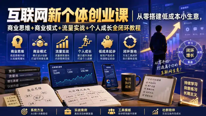 互联网新个体创业课｜从零搭建低成本小生意，商业思维+商业模式+流量实战+个人成长全闭环教程-百盟网