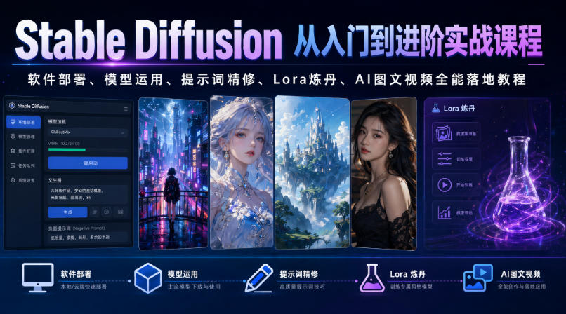 Stable Diffusion从入门到进阶实战课程｜软件部署、模型运用、提示词精修、Lora炼丹、AI图文视频全能落地教程-百盟网