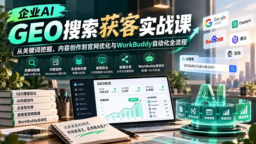 企业AI GEO搜索获客实战课：从关键词挖掘、内容创作到官网优化与WorkBuddy自动化全流程