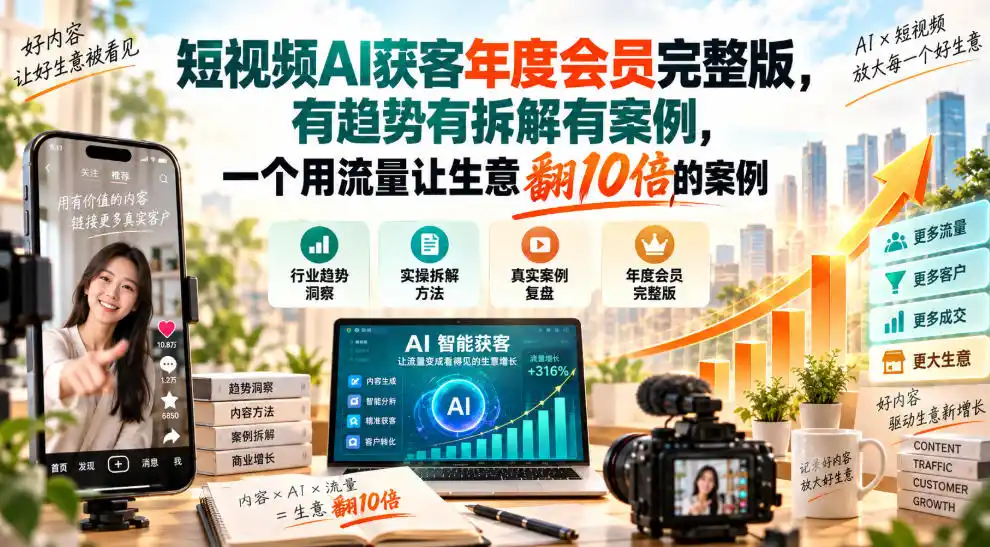 短视频AI获客年度会员完整版,有趋势有拆解有案例,一个用流量让生意翻10倍的案例 短视频AI获客年度会员完整版,有趋势有拆解有案例,一个用流量让生意翻10倍的案例