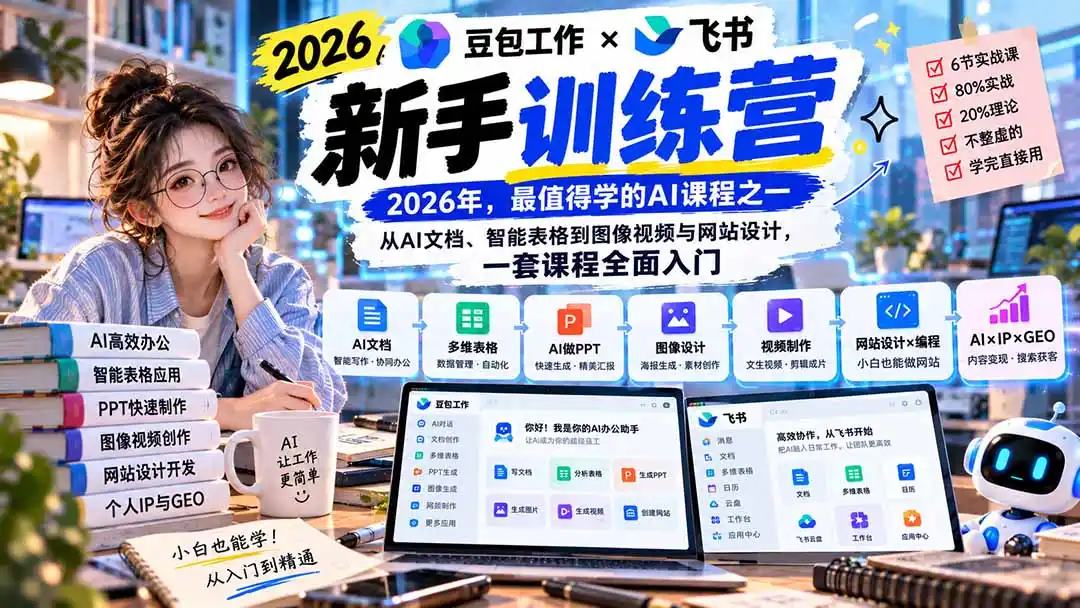 2026豆包工作+飞书新手训练营-9月新课：从AI文档、智能表格到图像视频与网站设计，一套课程全面入门-百盟网