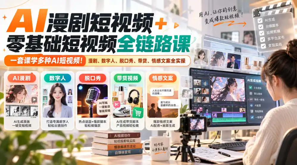 AI漫剧短视频+零基础短视频全链路课,一套课学多种AI短视频!漫剧、数字人、脱口秀、带货、情感文案全实操 AI漫剧短视频+零基础短视频全链路课,一套课学多种AI短视频!漫剧、数字人、脱口秀、带货、情感文案全实操