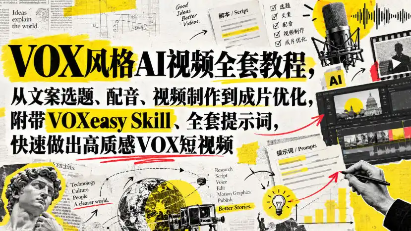 VOX风格AI视频全套教程,从文案选题、配音、视频制作到成片优化,附带VOXeasy Skill、全套提示词,快速做出高质感VOX短视频 VOX风格AI视频全套教程,从文案选题、配音、视频制作到成片优化,附带VOXeasy Skill、全套提示词,快速做出高质感VOX短视频