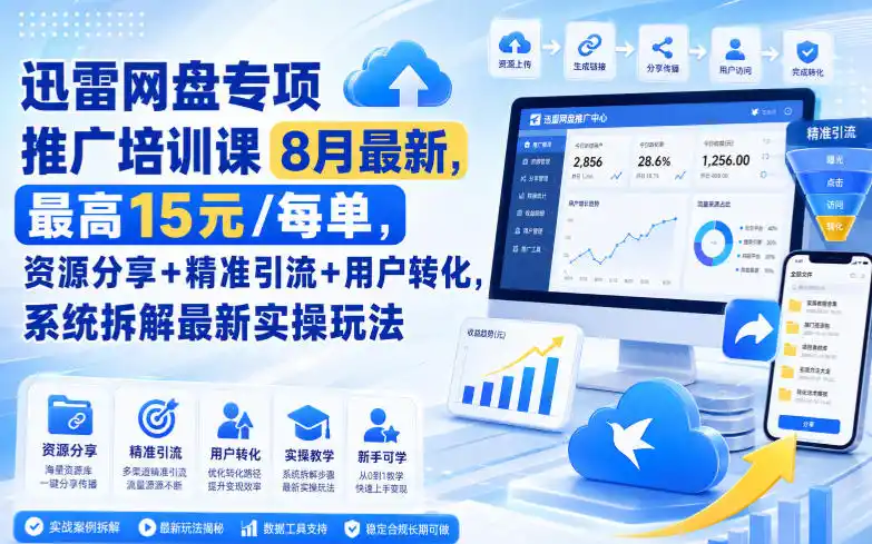 迅雷网盘专项推广培训课9月最新，最高15米/每单，资源分享+精准引流+用户转化，系统拆解最新实操玩法(更新1026)-百盟网