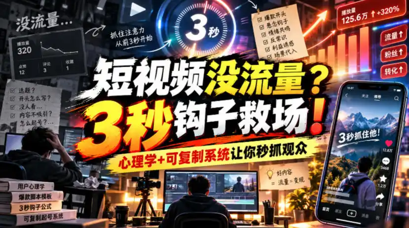 【无水印】短视频没流量?3秒钩子救场!心理学+可复制系统让你秒抓观众【原创双语字幕】-百盟网
